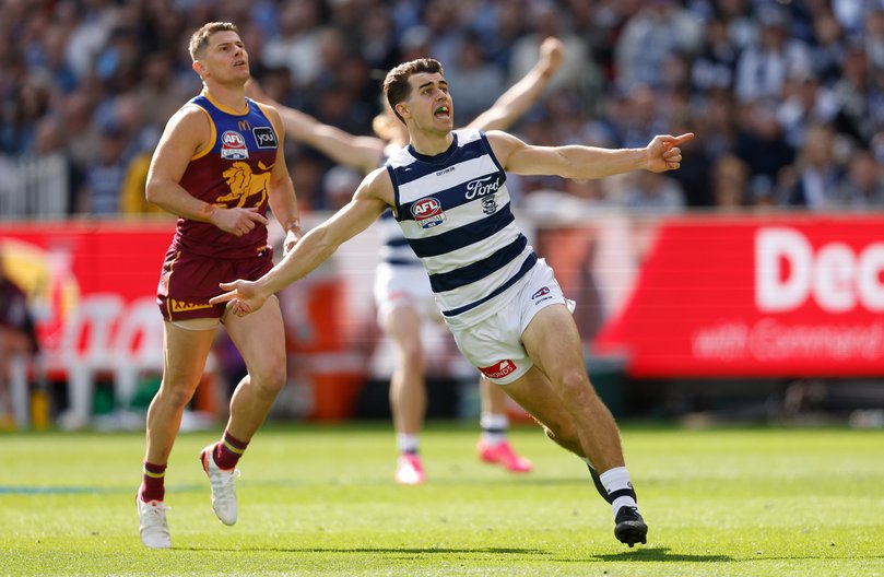 MELBOURNE, AUSTRALIA - SEPTEMBER 27: Oisin Mullin of the Cats celebrates a goal during the AFL Grand Final match between the Geelong Cats and the Brisbane Lions at the Melbourne Cricket Ground on September 27, 2025 in Melbourne, Australia. (Photo by Michael Willson/AFL Photos)