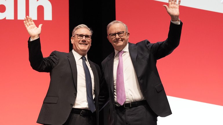 Britain's Prime Minister Keir Starmer and Australian Prime Minister Anthony Albanese, attend the Labour Party Conference in Liverpool, England, Sunday Sept. 28, 2025. 