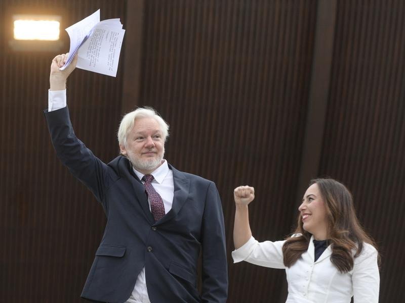 Wikileaks founder Julian Assange, joined by wife Stella Assange, after his release.