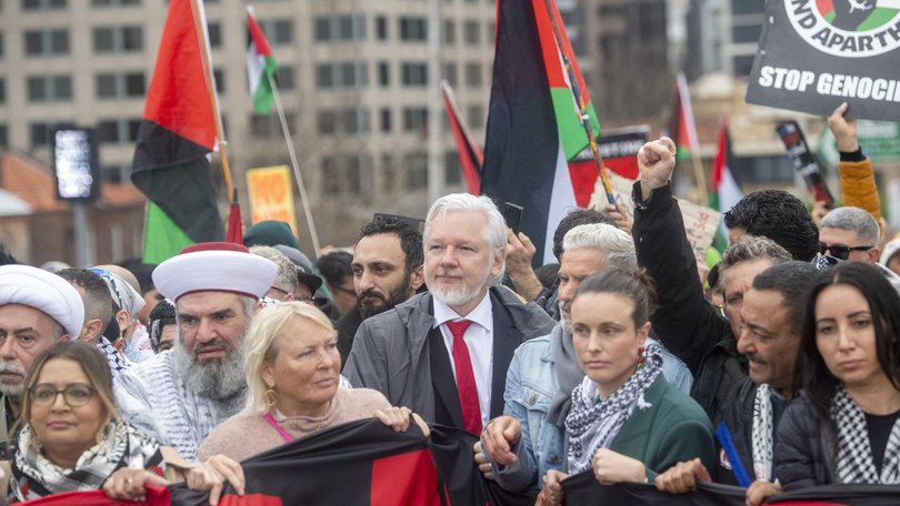 Wikileaks founder Julian Assange protesting against the war in Gaza on the Sydney Harbour Bridge.