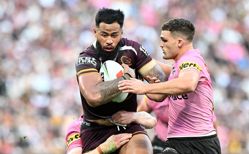 BRISBANE, AUSTRALIA - SEPTEMBER 28: Payne Haas of the Broncos takes on the defence during the NRL Preliminary Final match between Brisbane Broncos and Penrith Panthers at Suncorp Stadium, on September 28, 2025, in Brisbane, Australia. (Photo by Bradley Kanaris/Getty Images)