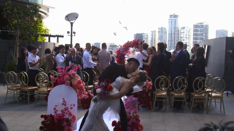 A classic touch amid the spectacle as white doves are released during the newlyweds’ kiss.