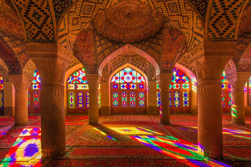 Interior windows of Nasir Al-Mulk, a traditional mosque in Shiraz, Iran. Picture: Tanatat pongphibool ,thailand