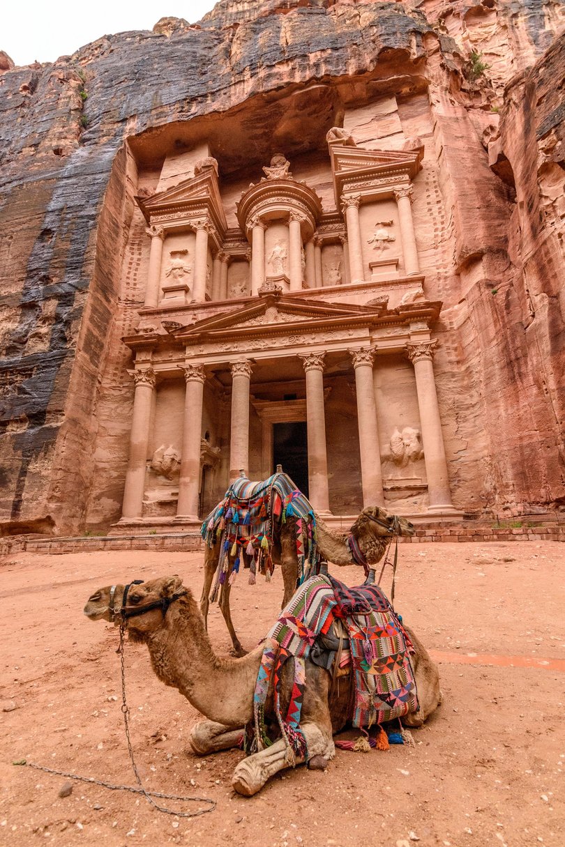 The rock-cut architecture of Al Khazneh or The Treasury at Petra, Jordan.