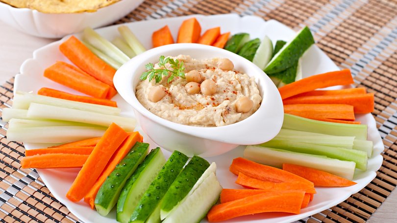 Hummus and vegetable sticks are an excellent snack. 