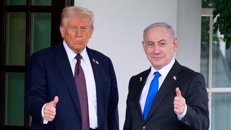 US President Donald Trump greets Israeli Prime Minister Benjamin Netanyahu at the White House.