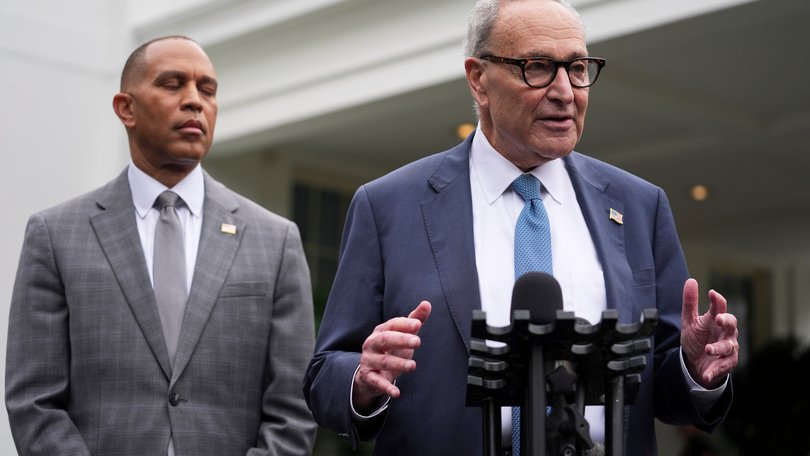 Senate Minority Leader Chuck Schumer, D-N.Y., right, and House Minority Leader Hakeem Jeffries, D-N.Y., speak to members of the media outside the West Wing at the White House in Washington, Monday, Sept. 29, 2025, in Washington. (AP Photo/Evan Vucci)