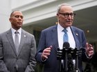 Senate Minority Leader Chuck Schumer, D-N.Y., right, and House Minority Leader Hakeem Jeffries, D-N.Y., speak to members of the media outside the West Wing at the White House in Washington, Monday, Sept. 29, 2025, in Washington. (AP Photo/Evan Vucci)