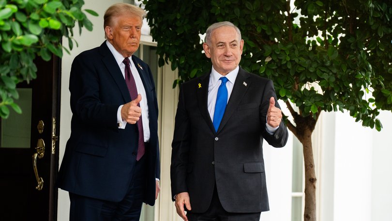 President Donald Trump greets Israeli Prime Minister Benjamin Netanyahu Monday at the White House. 