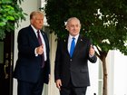 President Donald Trump greets Israeli Prime Minister Benjamin Netanyahu Monday at the White House. 