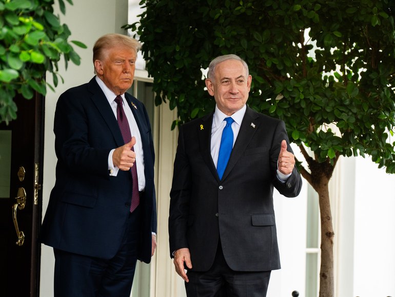 President Donald Trump greets Israeli Prime Minister Benjamin Netanyahu Monday at the White House. 