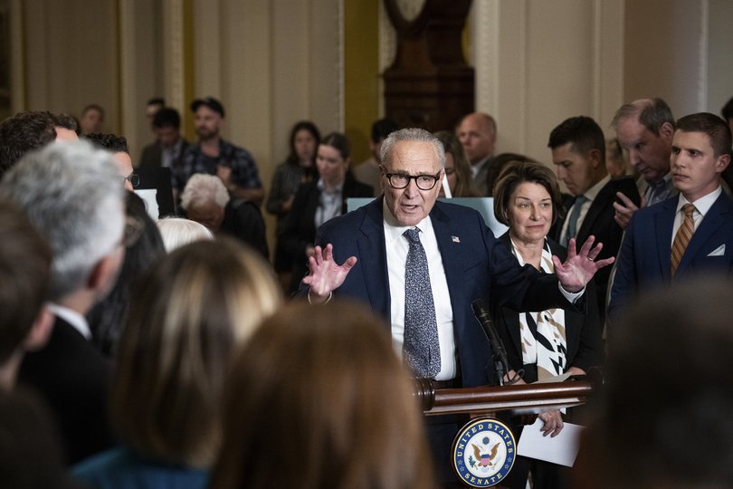 Senate Minority Leader Chuck Schumer (D-N.Y.) speaks to reporters at a news conference after the Senate Democratic luncheon as a government shutdown looms.
