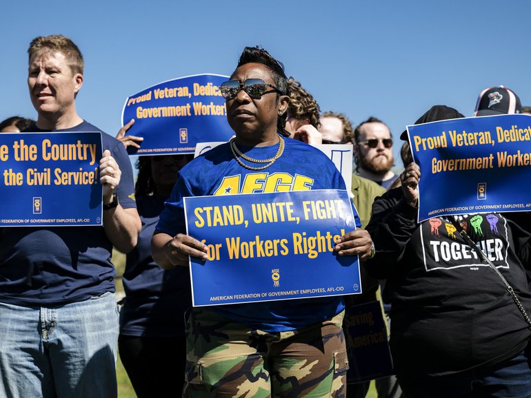 Dozens of members and supporters of the American Federation of Government Employees union rallied outside of the NASA Johnson Space Centre in Houston on March 17, 2025. 