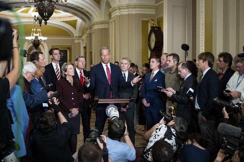Senate Majority Leader John Thune (R-S.D.) speaks at a news conference after the Republican policy luncheon as a government shutdown looms at the Capitol in Washington.