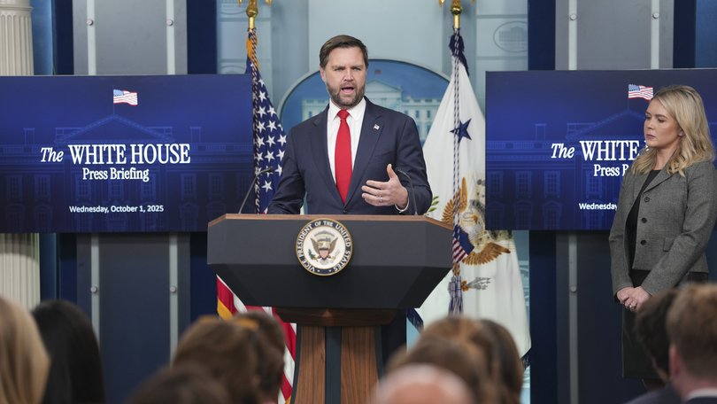 Vice President JD Vance speaks to reporters alongside White House Press Secretary Karoline Leavitt during a briefing at the White House in Washington, on Wednesday.