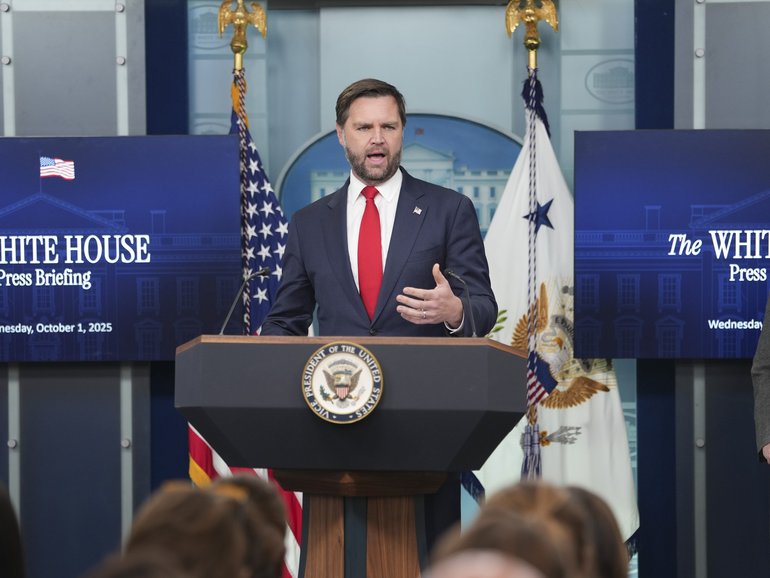 Vice President JD Vance speaks to reporters alongside White House Press Secretary Karoline Leavitt during a briefing at the White House in Washington, on Wednesday.