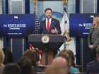Vice President JD Vance speaks to reporters alongside White House Press Secretary Karoline Leavitt during a briefing at the White House in Washington, on Wednesday.