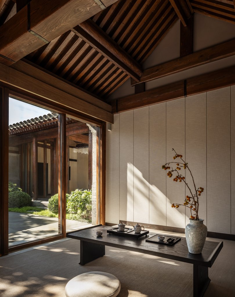 The Mandarin Oriental Qianmen features a serene courtyard tea room where guests can unwind amid traditional Beijing architecture.