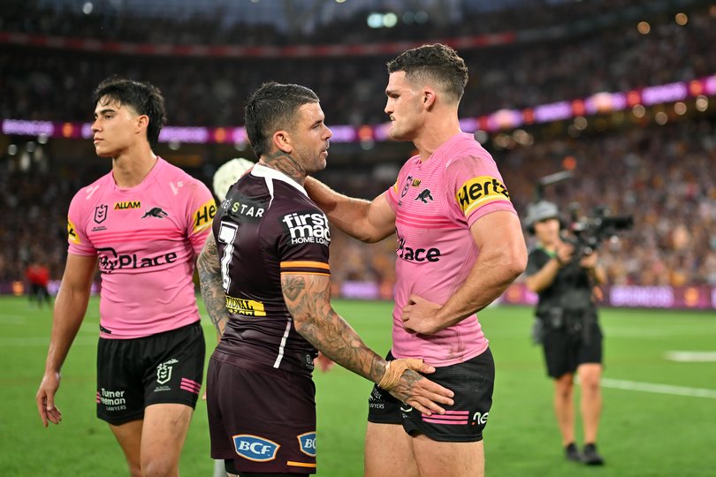 Adam Reynolds and Nathan Cleary of the Panthers embrace after the NRL Preliminary Final.