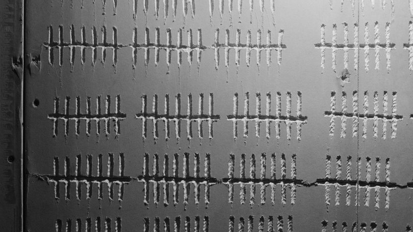 A detail of Tehching Hsieh's installation “One Year Performance 1978-1979 (Cage Piece)” on display at the Dia Beacon museum in Beacon, New York. 