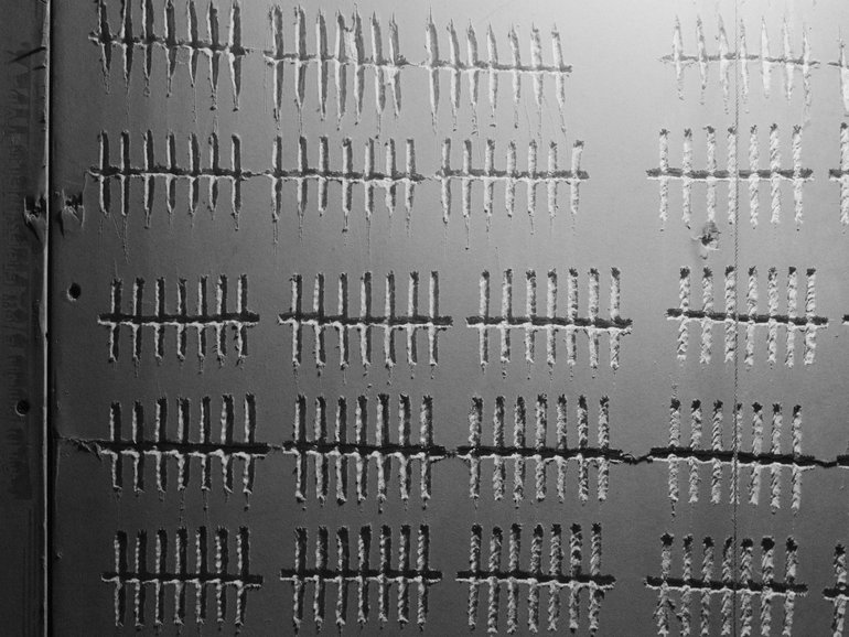 A detail of Tehching Hsieh's installation “One Year Performance 1978-1979 (Cage Piece)” on display at the Dia Beacon museum in Beacon, New York. 