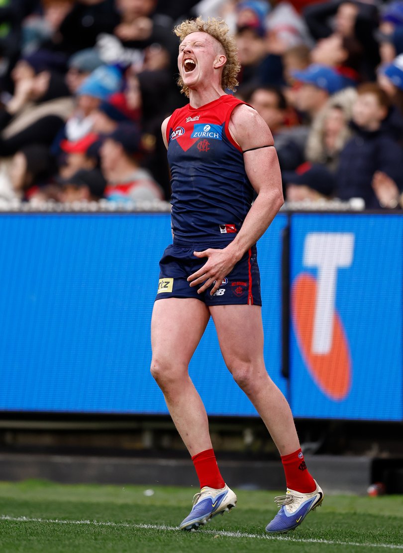 MELBOURNE, AUSTRALIA - JULY 13: Clayton Oliver of the Demons rues a missed shot on goal during the 2025 AFL Round 18 match between the Melbourne Demons and the North Melbourne Kangaroos at the Melbourne Cricket Ground on July 13, 2025 in Melbourne, Australia. (Photo by Michael Willson/AFL Photos)