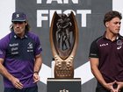 Ryan Papenhuyzen and Reece Walsh pose with the trophy media ahead of the NRL’s grand final on Sunday.