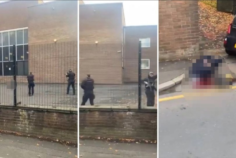 Screengrabs of a video posted on social media appear to show the moment police shot the alleged attacker, and an injured victim nearby.