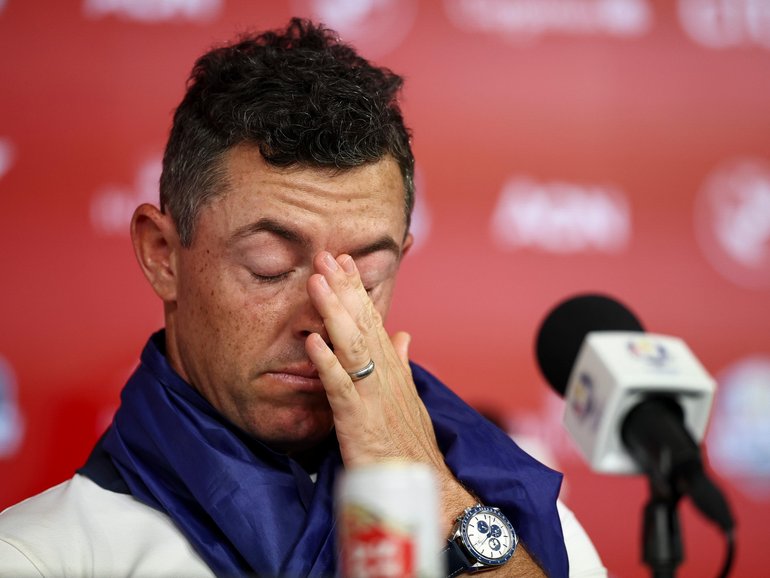 Rory McIlroy of Team Europe speaks to the media after Team Europe's 15-13 win over Team United States during the singles matches of the 2025 Ryder Cup.