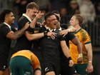 Quinn Tupaea of the All Blacks celebrates a try.
