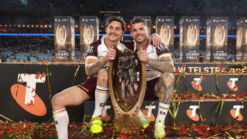 Kotoni Staggs (left) has picked Australia over Tonga after helping the Broncos win the grand final. Picture: Adam Head