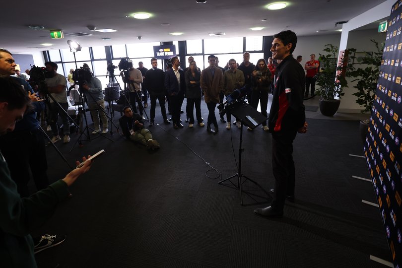 Matt Rosa fronting the media at Marvel Stadium.