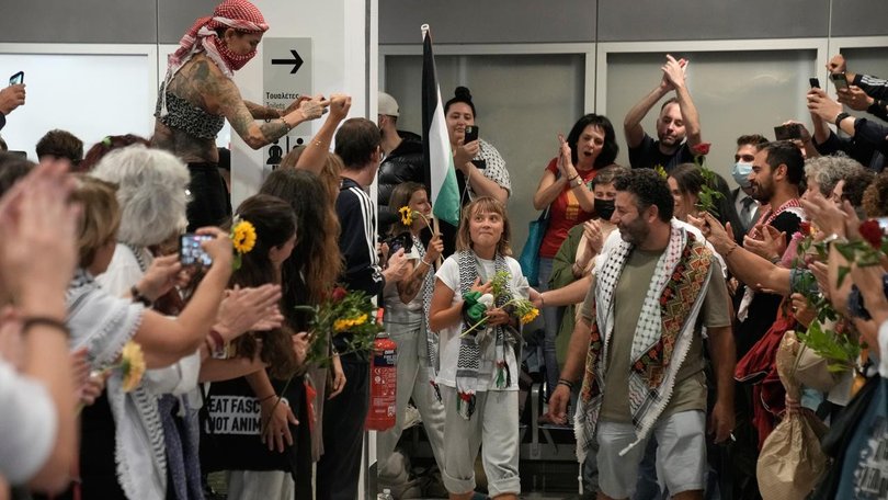 Greta Thunberg was among flotilla activists to arrive in Athens after being deported from Israel. (AP PHOTO)