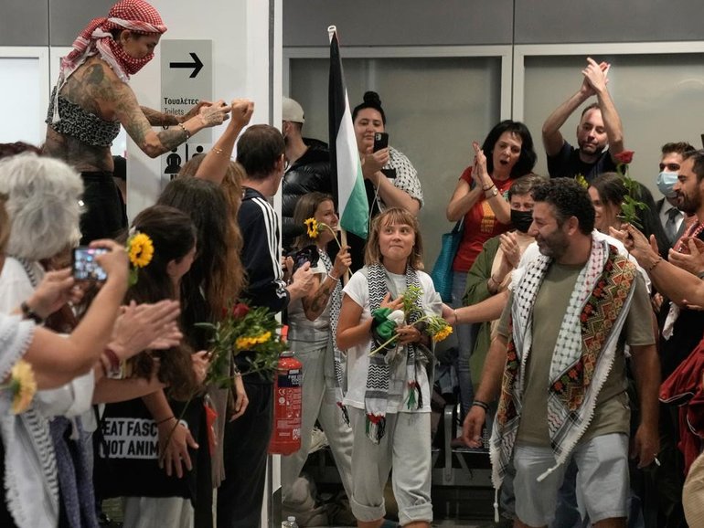 Greta Thunberg was among flotilla activists to arrive in Athens after being deported from Israel. (AP PHOTO)