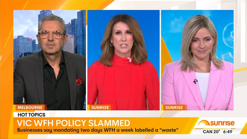 Sunrise Nat Barr was joined by journalist Justin Smith and CEO of Western Sydney Women Amanda Rose on Tuesday, talking about Victoria’s work from home laws. 