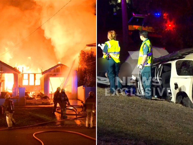 The house fire in Melbourne; police are looking for teenagers after a car chase in northern Queensland.