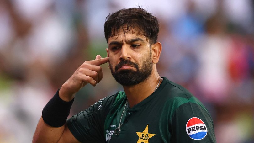 Haris Rauf of Pakistan gestures to the crowd during the Asia cup match between India and Pakistan at Dubai International Stadium.