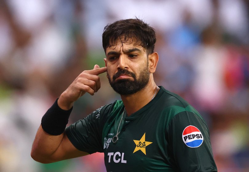 Haris Rauf of Pakistan gestures to the crowd during the Asia cup match between India and Pakistan at Dubai International Stadium.