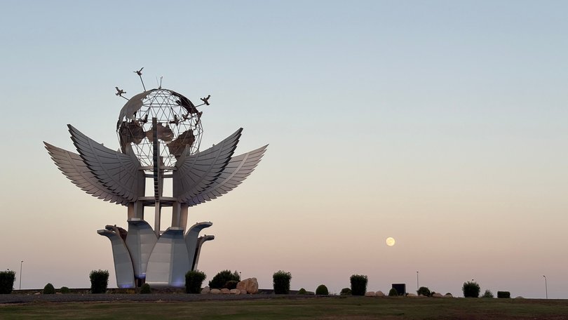 The sun sets at the peace square in the Red Sea city of Sharm el-Sheikh, Egypt, where Israeli and Hamas officials are set to hold indirect talks on a Gaza ceasefire.