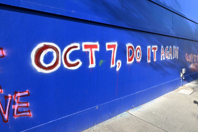 The October 7 graffiti found on the Officeworks building in Fitzroy. 