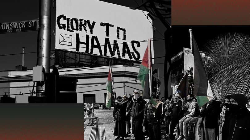 The Melbourne billboard came as a Sydney protest was set to mark the two-year anniversary of October 7 with the slogan Glory to our Martyrs.