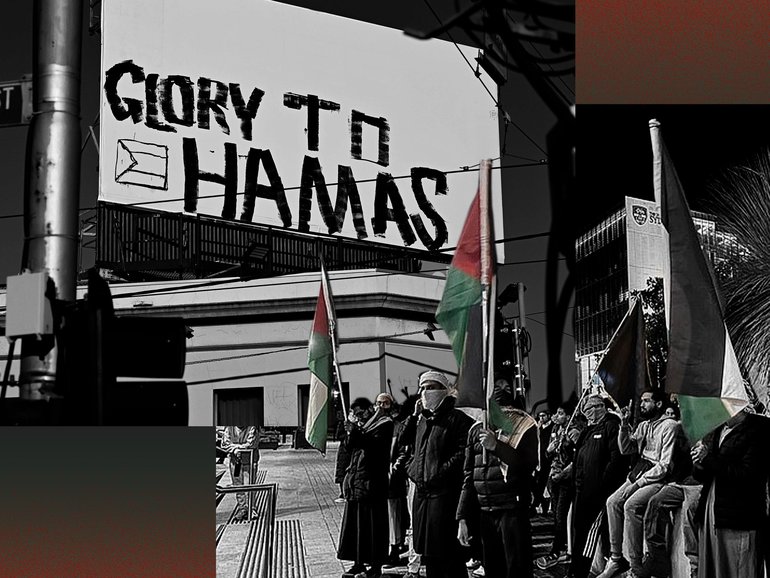 The Melbourne billboard came as a Sydney protest was set to mark the two-year anniversary of October 7 with the slogan Glory to our Martyrs.