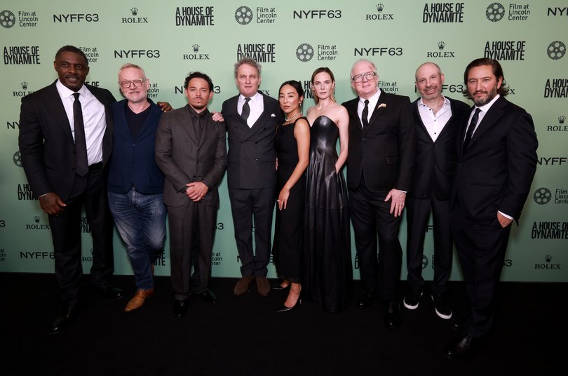 Idris Elba, Jared Harris, Anthony Ramos, Jason Clarke, Greta Lee, Rebecca Ferguson, Tracy Letts, Noah Oppenheim and Greg Shapiro at the New York City premiere of A House of Dynamite. 