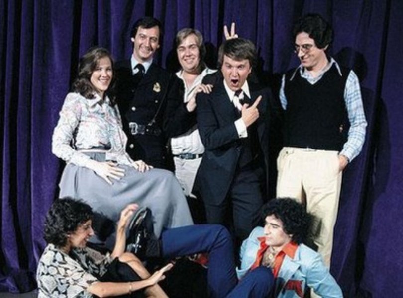 Catherine O'Hara, Joe Flaherty, John Candy, Dave Thomas, Harold Ramis, Andrea Martin and Eugene Levy on SCTV.