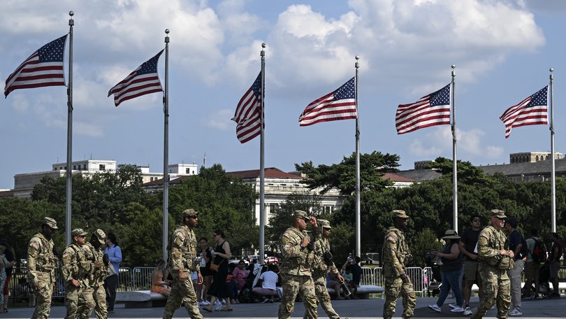 National Guard personnel on the Washington Monument grounds, on the National Mall in Washington.
