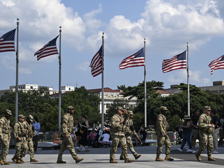National Guard personnel on the Washington Monument grounds, on the National Mall in Washington.