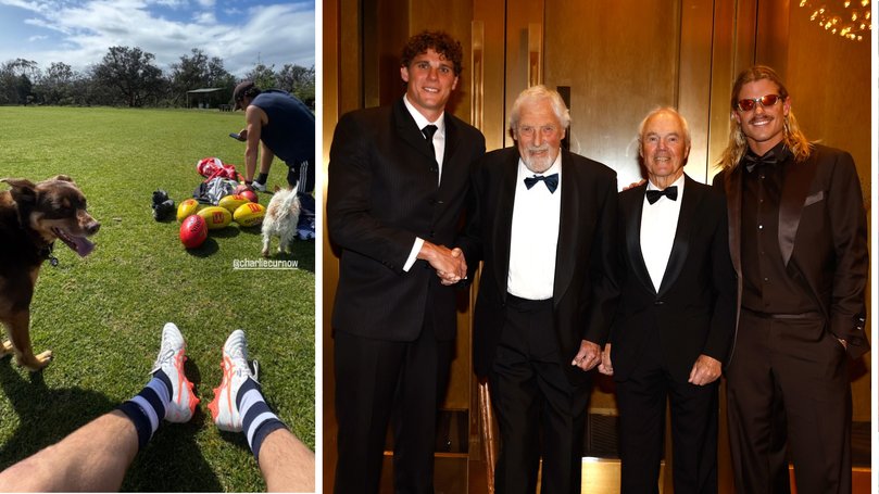 Bailey Smith's Instagram post, and right, Smith and Curnow at last month's Brownlow Medal.