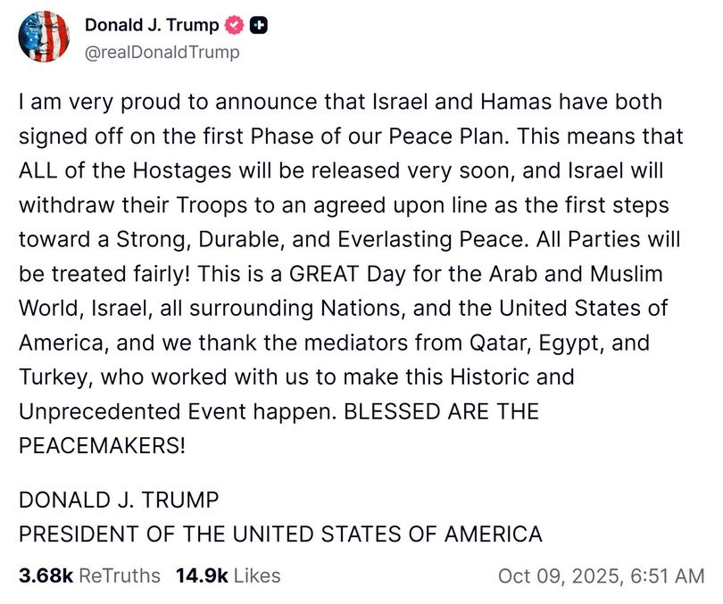 President Donald Trump announces that Israel and Hamas have agreed to the first phase of a peace deal. 