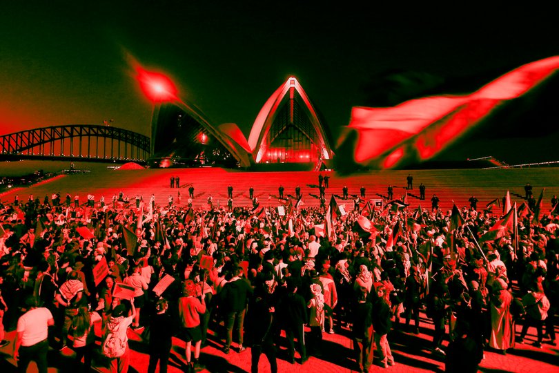 Palestine supporters rally outside the Sydney Opera House on October 09, 2023 in Sydney, Australia.