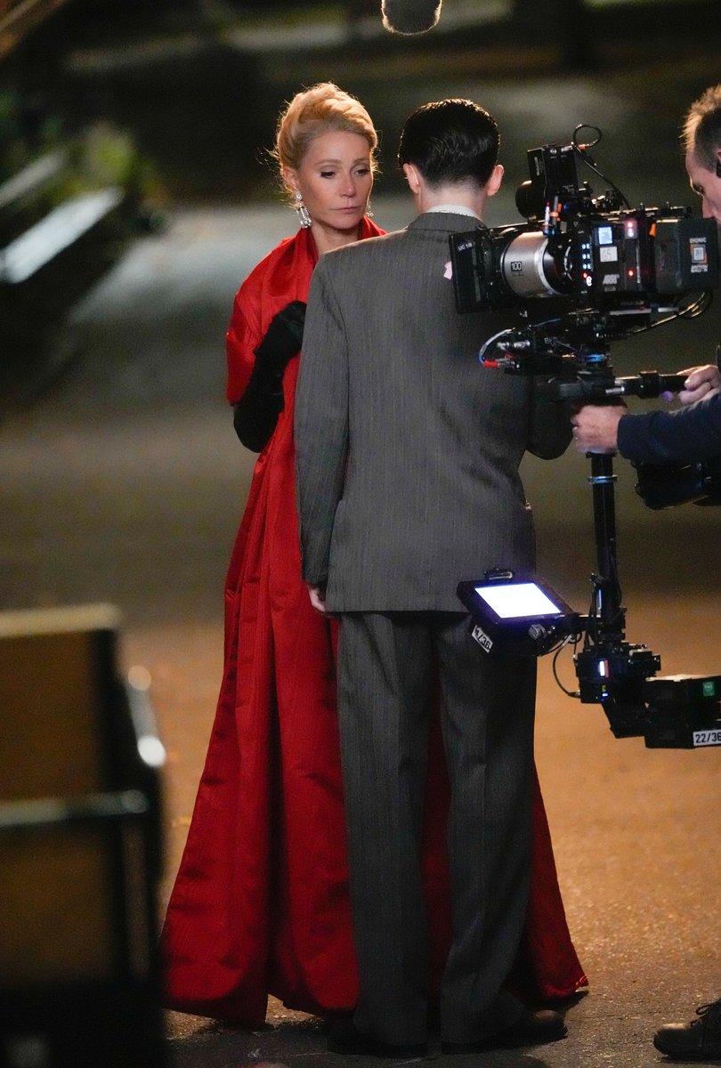 Gwyneth Paltrow and Timothee Chalamet during filming on the set of Marty Supreme in New York City.